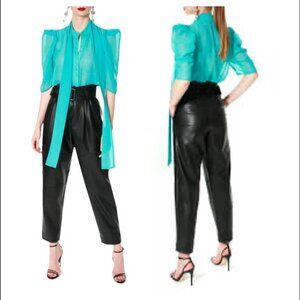 AGGI Sheer Angel Turquoise Short Sleeve Blouse Top Silk Bow Large L $130 NEW NWT